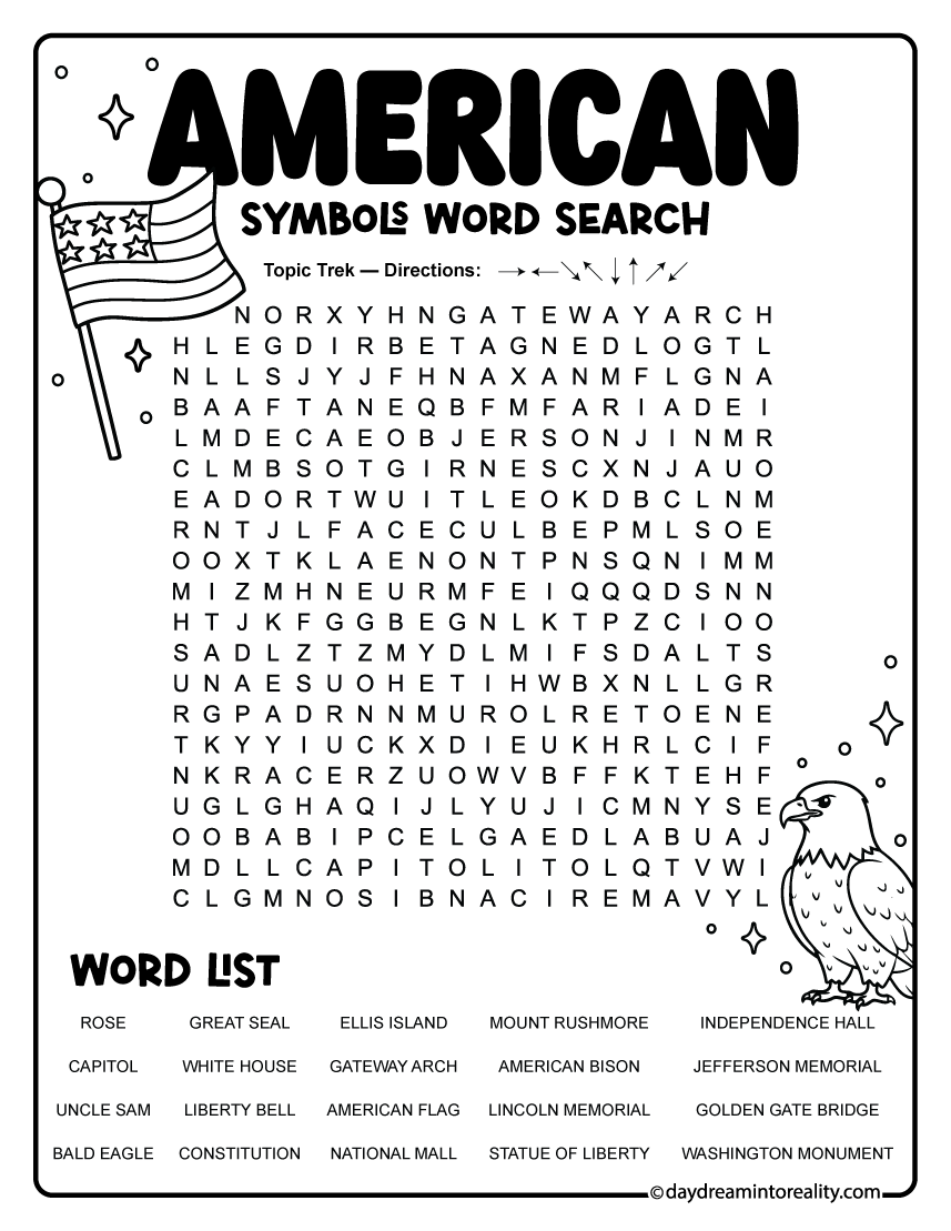 Free PDF American symbols word search with 20 words featuring the American flag, bald eagle, Liberty Bell, Statue of Liberty, monuments, and national landmarks.