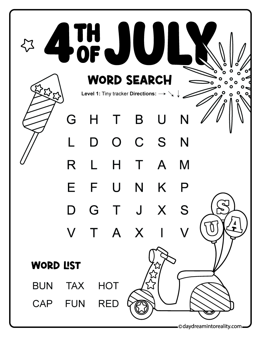 Easy CVC 4th of July word search with 6 patriotic words. Free printable Independence Day word search for early readers and beginning word hunters.