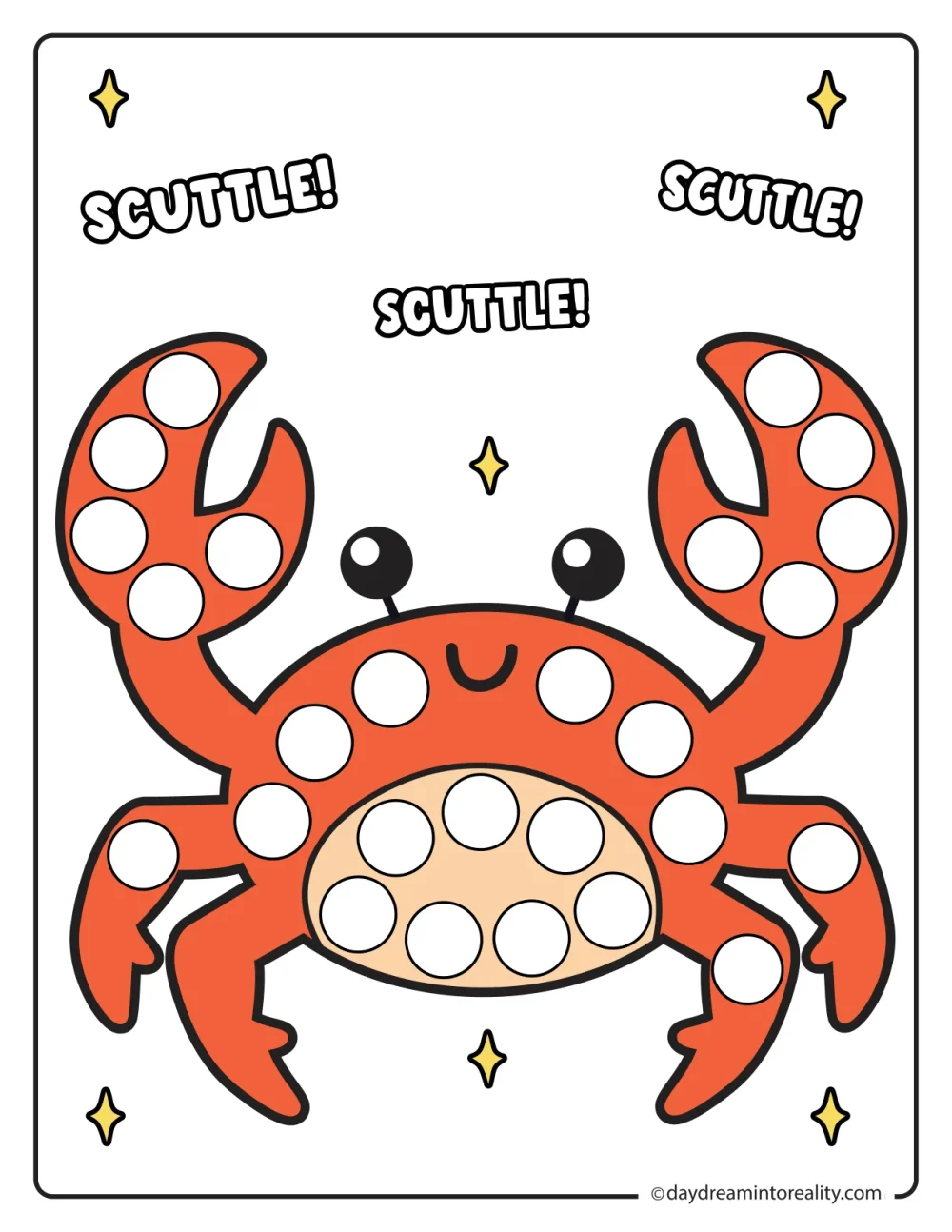 Color crab dot marker printable activity for preschool and kindergarten kids