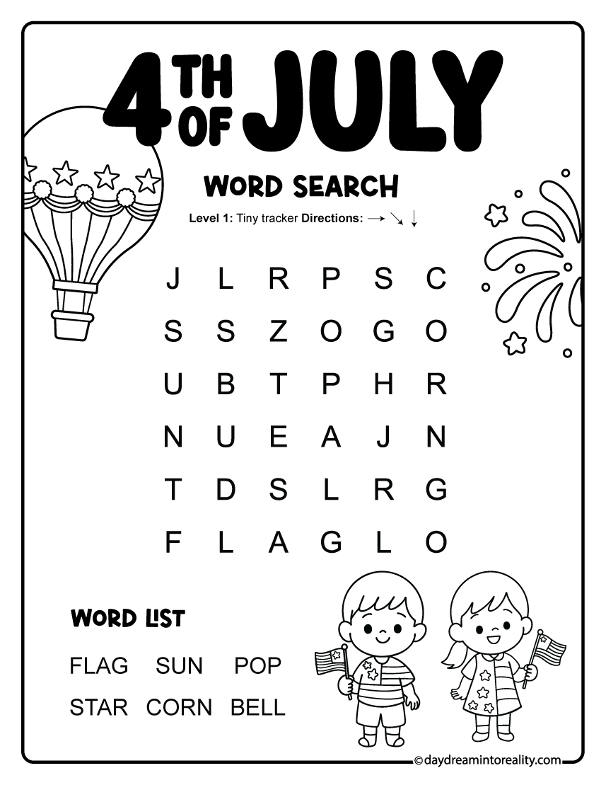 Easy 4th of July word search with 6 simple patriotic words. Free printable Independence Day puzzle for young children.