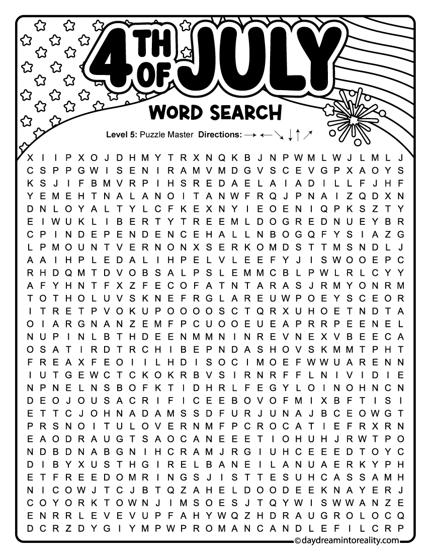 Free printable PDF Expert-level 4th of July word search with 50 patriotic words featuring American history, landmarks, symbols, and Independence Day traditions.