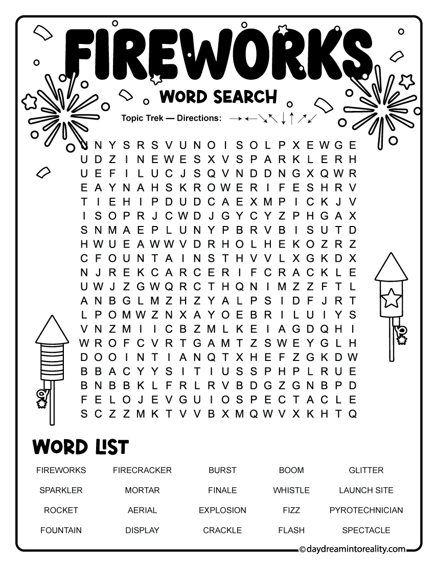 Free printable Fireworks word search with 20 words featuring rockets, sparklers, pyrotechnics, explosions, crackles, bursts, and dazzling Independence Day displays.