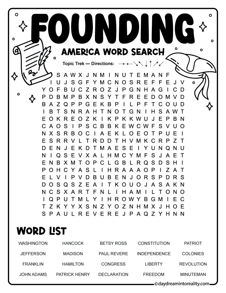 Free PDF Founding America word search with 20 words featuring the Founding Fathers, American history, independence, patriotism, and revolutionary-era vocabulary.