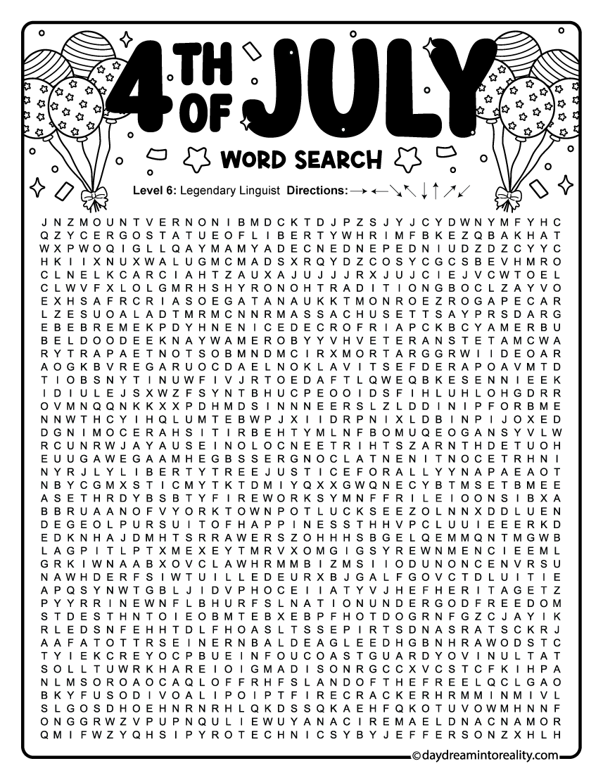 Giant & Impossible 4th of July word search with 100 patriotic words featuring American history, symbols, landmarks, traditions, and Independence Day vocabulary. Free printable challenge puzzle for teens and adults.