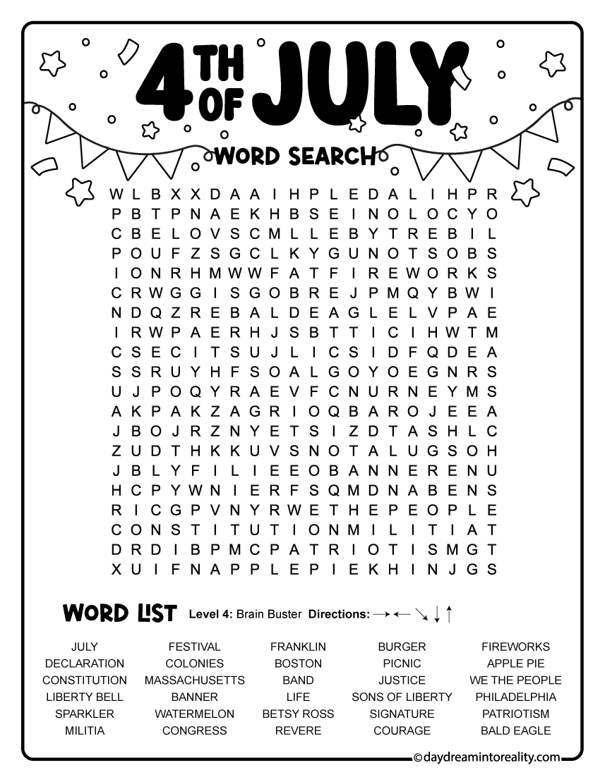 Hard 4th of July word search with 30 patriotic words featuring American history, landmarks, symbols, and Independence Day traditions. Free printable puzzle for older kids and adults