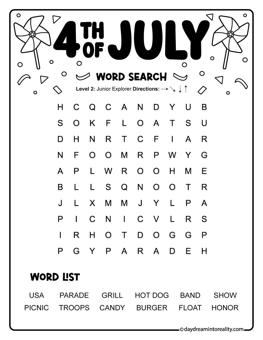 Easy Independence Day word search with 12 words featuring picnic foods, patriotic celebrations, and community events. Free printable 4th of July puzzle for kids.