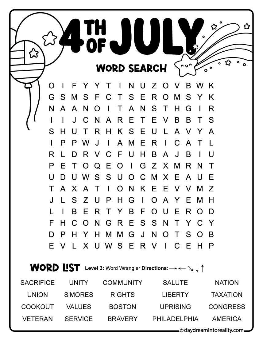 Medium 4th of July word search with 20 patriotic words featuring freedom, patriotism, American values, and holiday traditions.