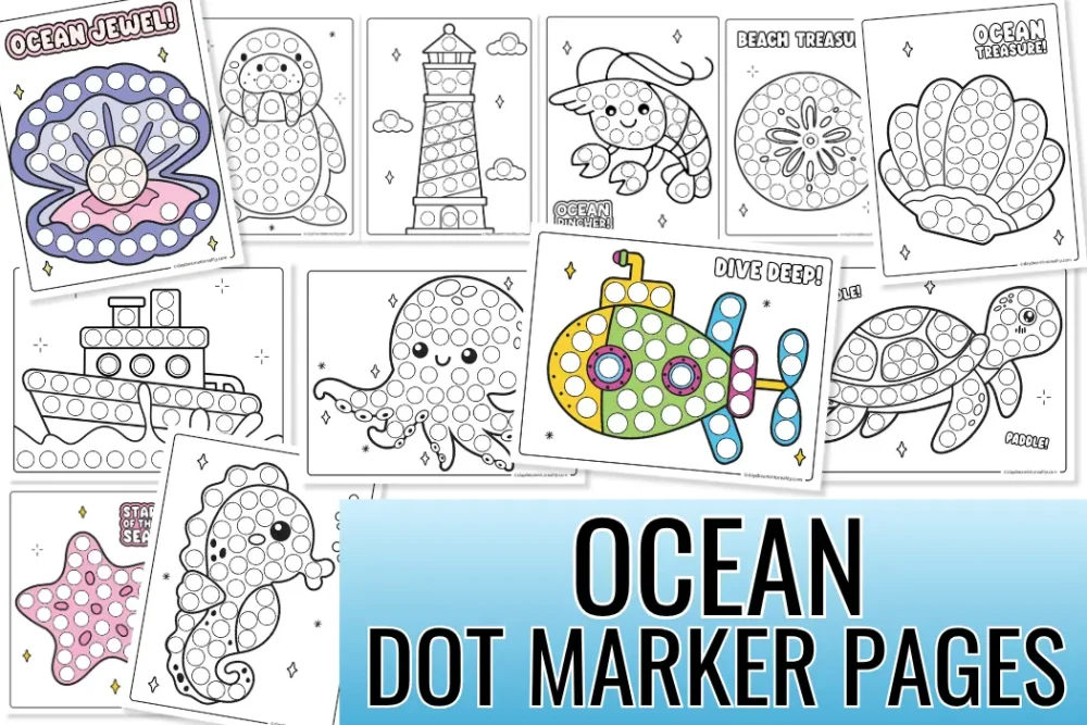 Free printable ocean dot marker pages featuring sea animals, ocean objects, and marine life printable pdf pages for kids