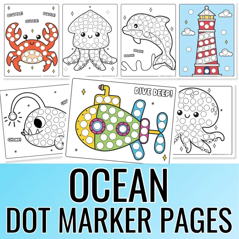 Ocean dot marker printable pack with 35+ ocean-themed pages for preschool and toddlers, preschoolers, and kindergarten kids