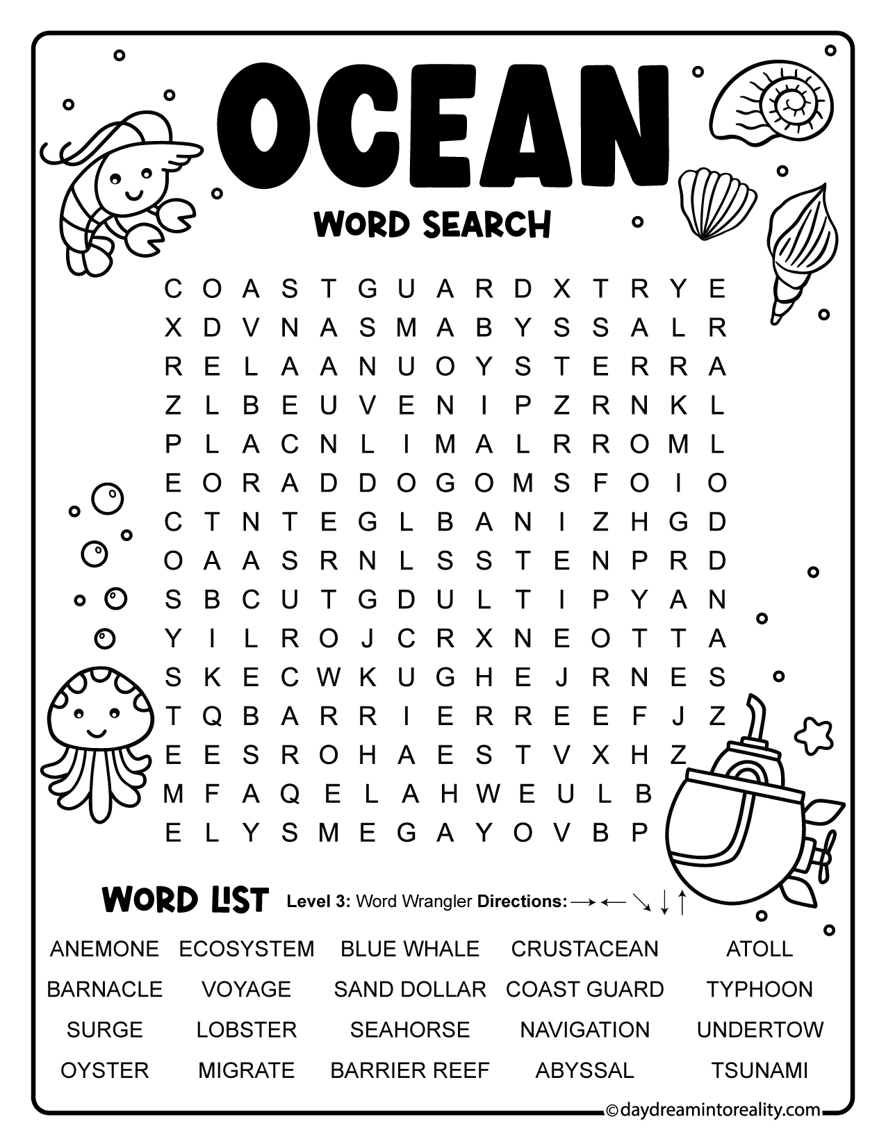 Ocean Word Search printable puzzle with 20 words for summer for elementary students, first grade, and second grade.