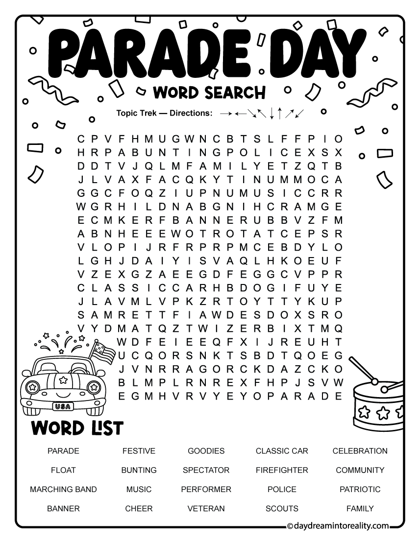 Parade Day word search with 20 words featuring classic cars, marching bands, community celebrations, performers, music, and patriotic festivities. Free printable 4th of July Topic Trek puzzle.