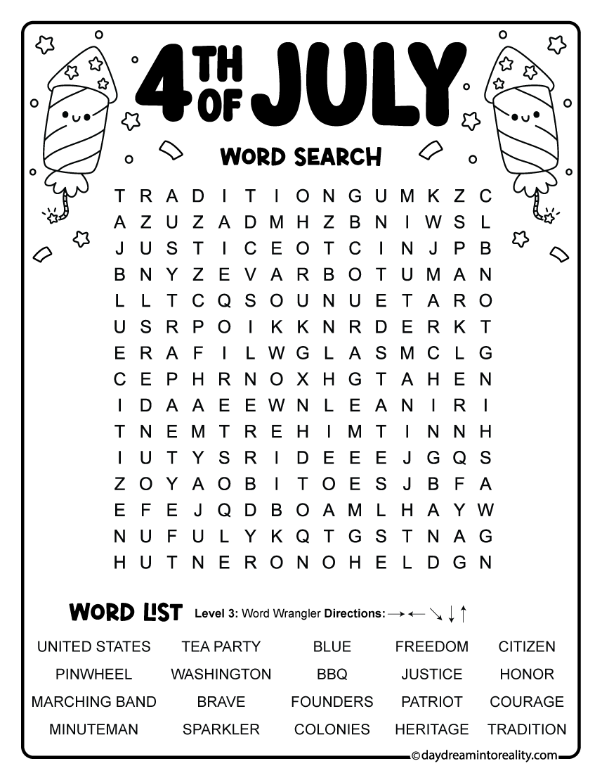 Medium level 4th of July patriotic word search with 20 words featuring Independence Day vocabulary.