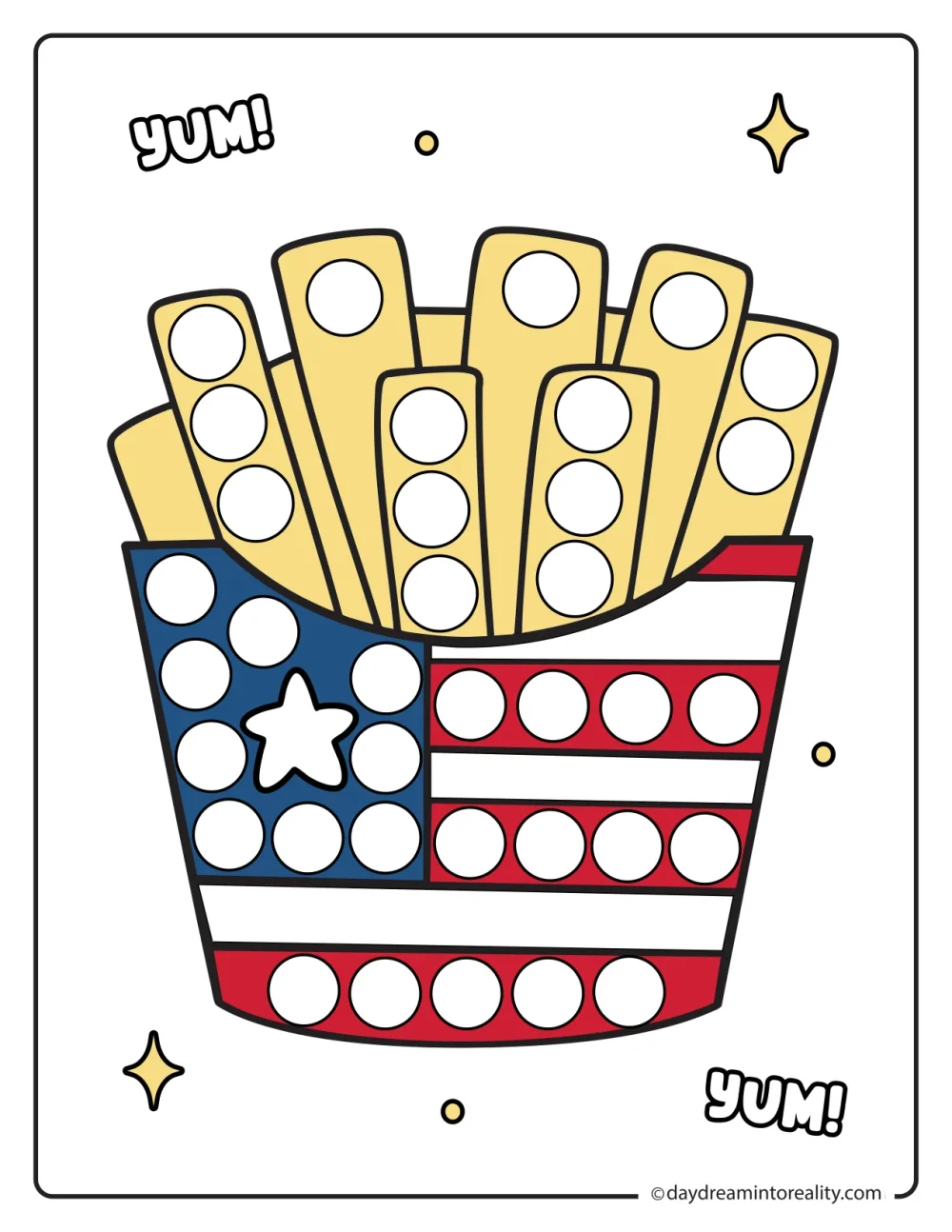 Color patriotic French fries dot marker page for kids