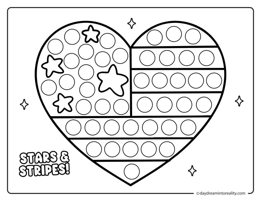 Patriotic heart (stars and stripes) dot marker worksheet for preschool and kindergarten