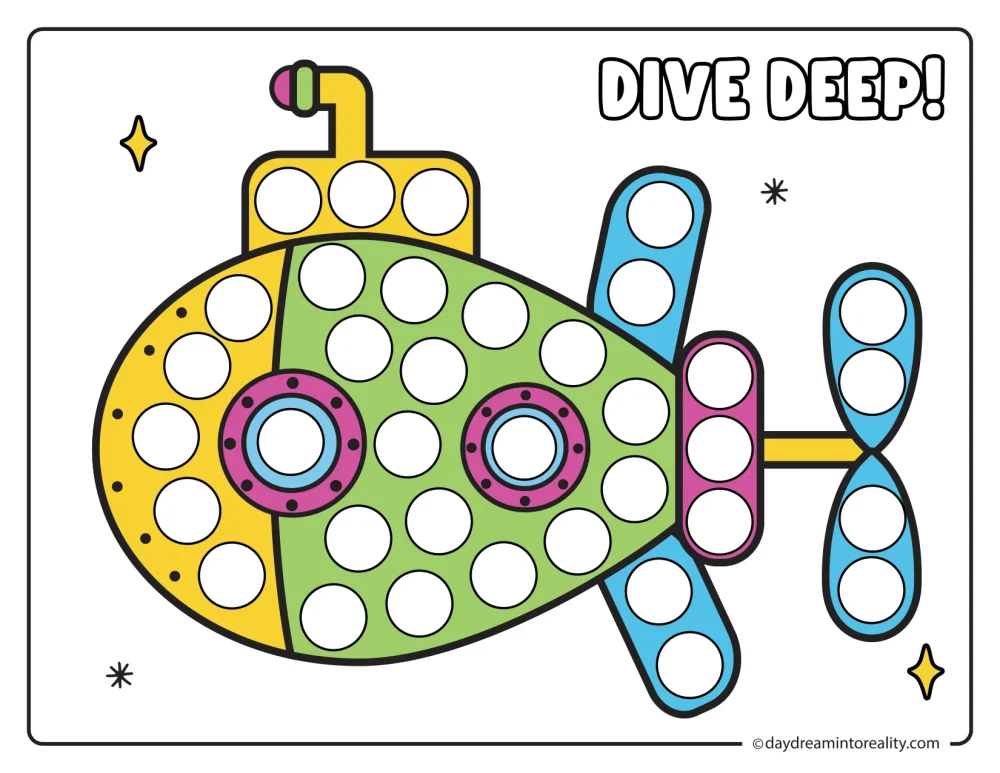 Color submarine dot marker printable for preschool and kindergarten