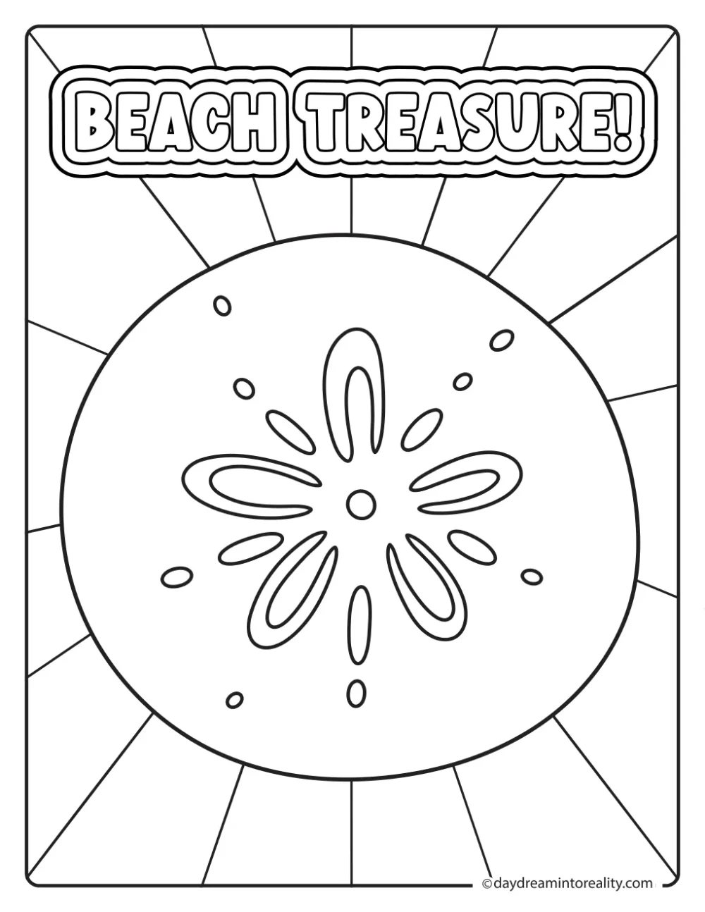 Large sand dollar surrounded by sun rays and Beach Treasure text.