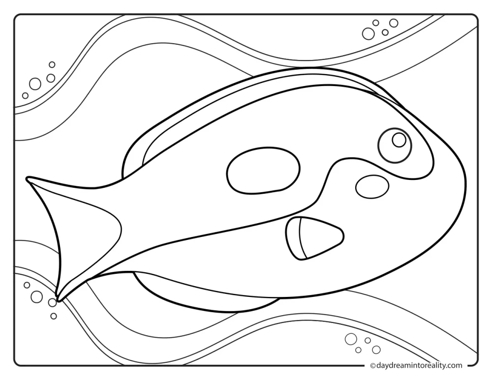 Blue tang fish swimming through flowing underwater currents with bubbles and small fish.