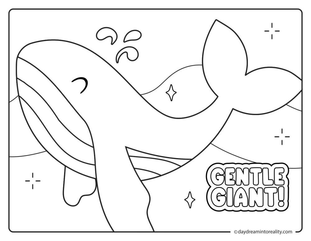 Blue whale swimming through the ocean with water droplets, sparkles, and Gentle Giant text.
