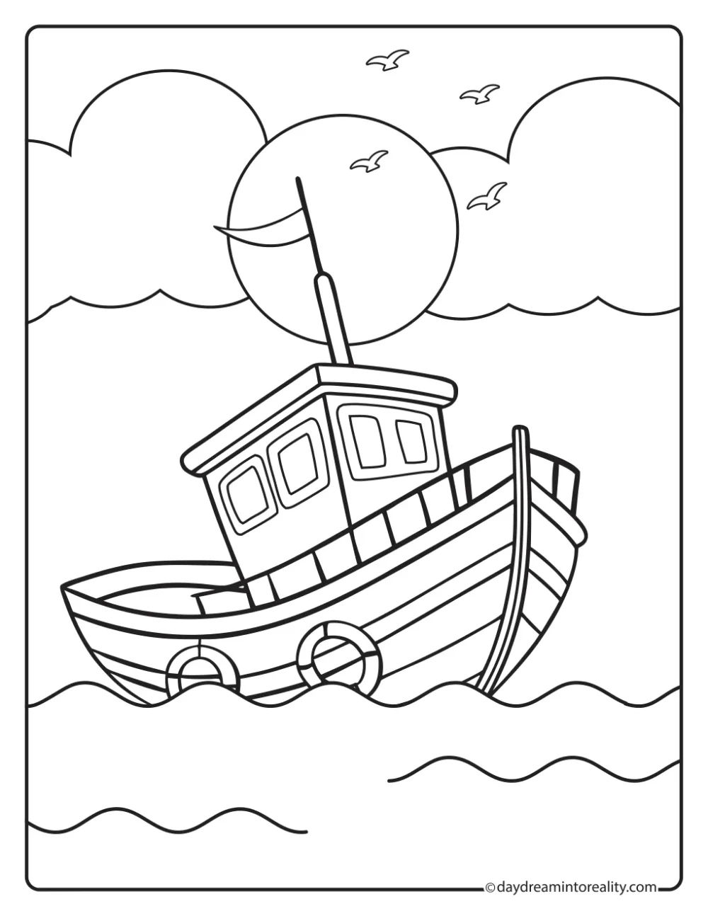 Small boat sailing on ocean waves beneath a large sun, clouds, and flying birds.