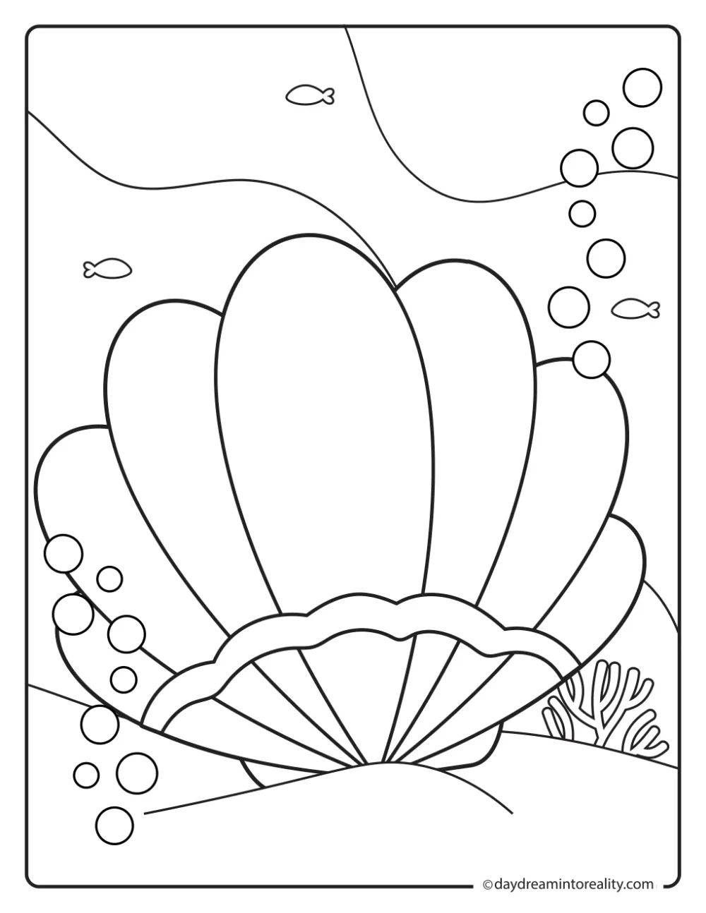 Large clam shell surrounded by bubbles, small fish, coral, and ocean-floor scenery.