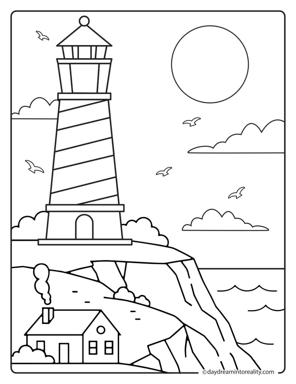 Lighthouse on a rocky coastal cliff with a cottage, ocean waves, clouds, and flying birds.