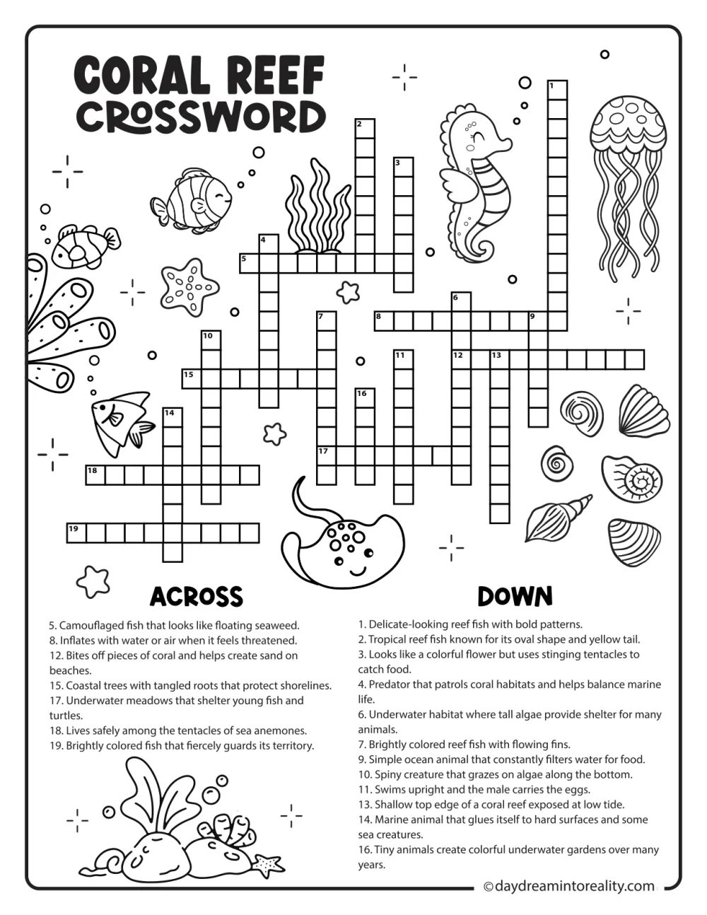 Printable coral reef crossword puzzle featuring colorful reef fish, corals, sea creatures, and underwater habitats.