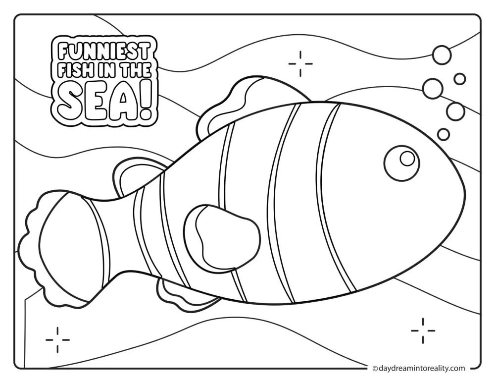 Cute striped clownfish swimming through bubbles and ocean currents with Funniest Fish in the Sea text.
