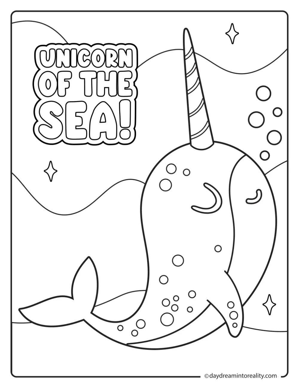 Cute smiling narwhal surrounded by bubbles and sparkles beneath Unicorn of the Sea text.