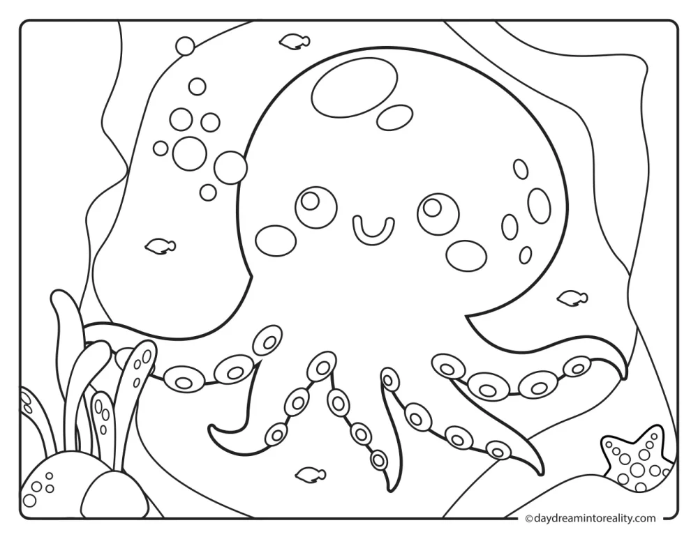 Cute smiling octopus underwater with bubbles, small fish, a starfish, rocks, and ocean plants.