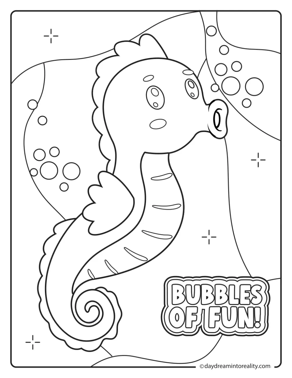 Cute seahorse blowing bubbles in an underwater scene with Bubbles of Fun text.