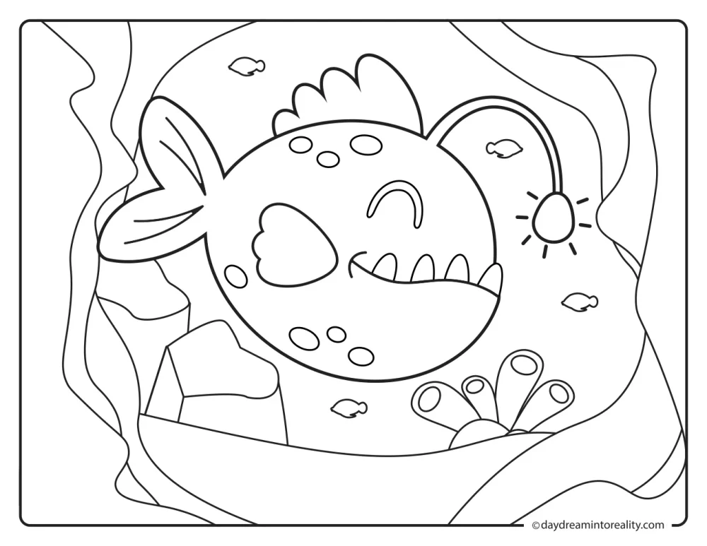 Deep-sea anglerfish inside an underwater cave with rocks, tube coral, and small fish.