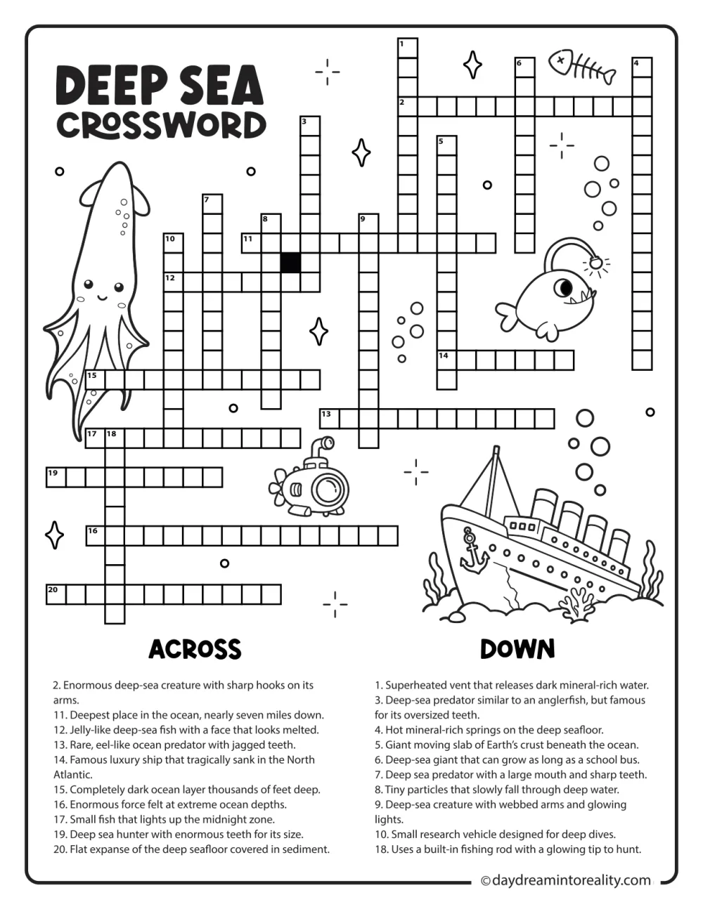 Printable deep sea crossword puzzle featuring mysterious sea creatures, hydrothermal vents, the Mariana Trench, and ocean exploration.