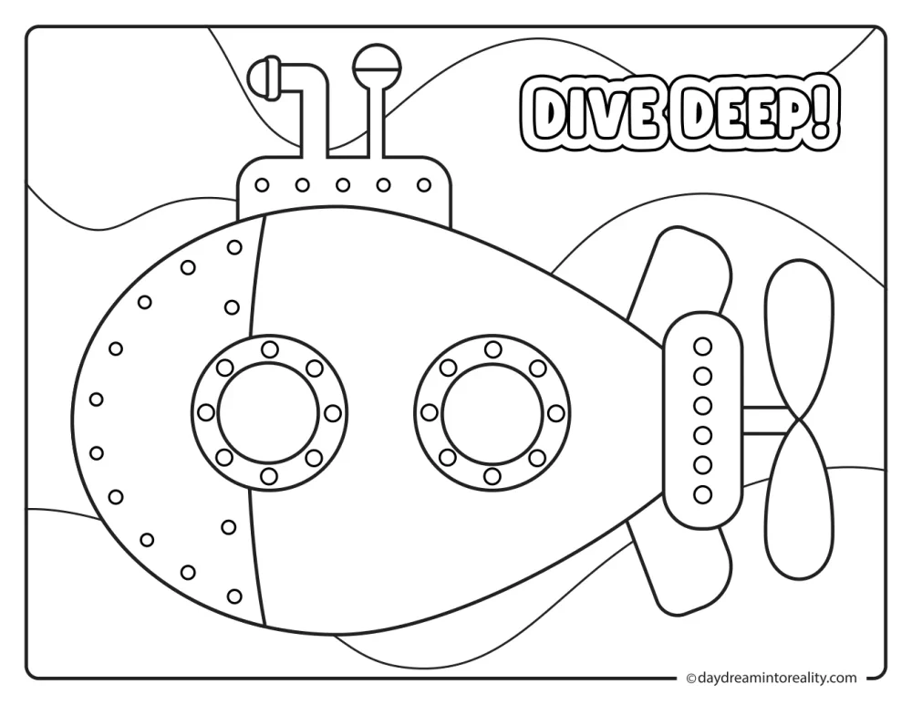 Underwater submarine traveling through ocean waves beneath large Dive Deep text.