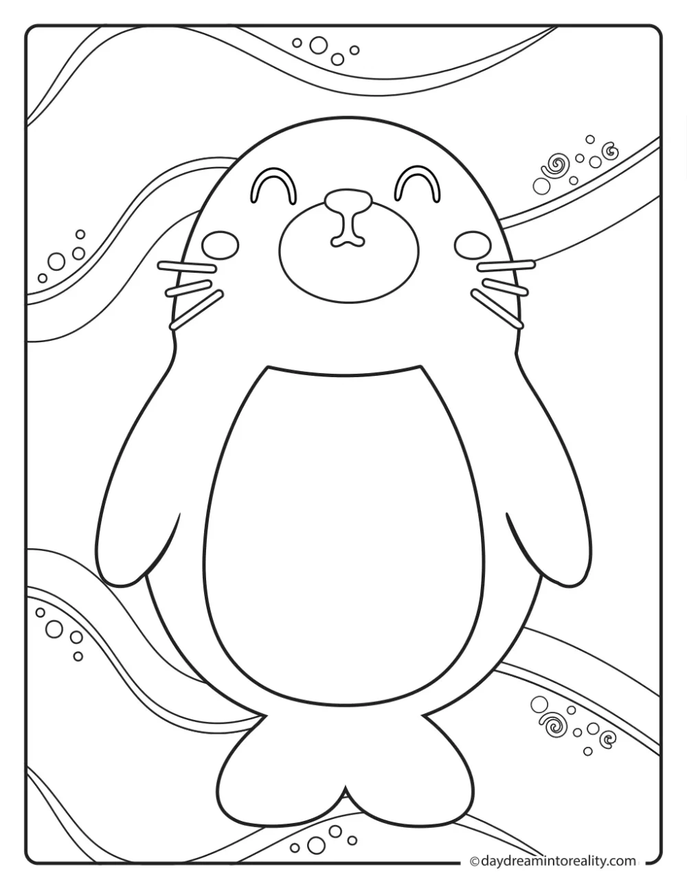 Friendly seal with whiskers and flippers surrounded by bubbles and underwater currents.
