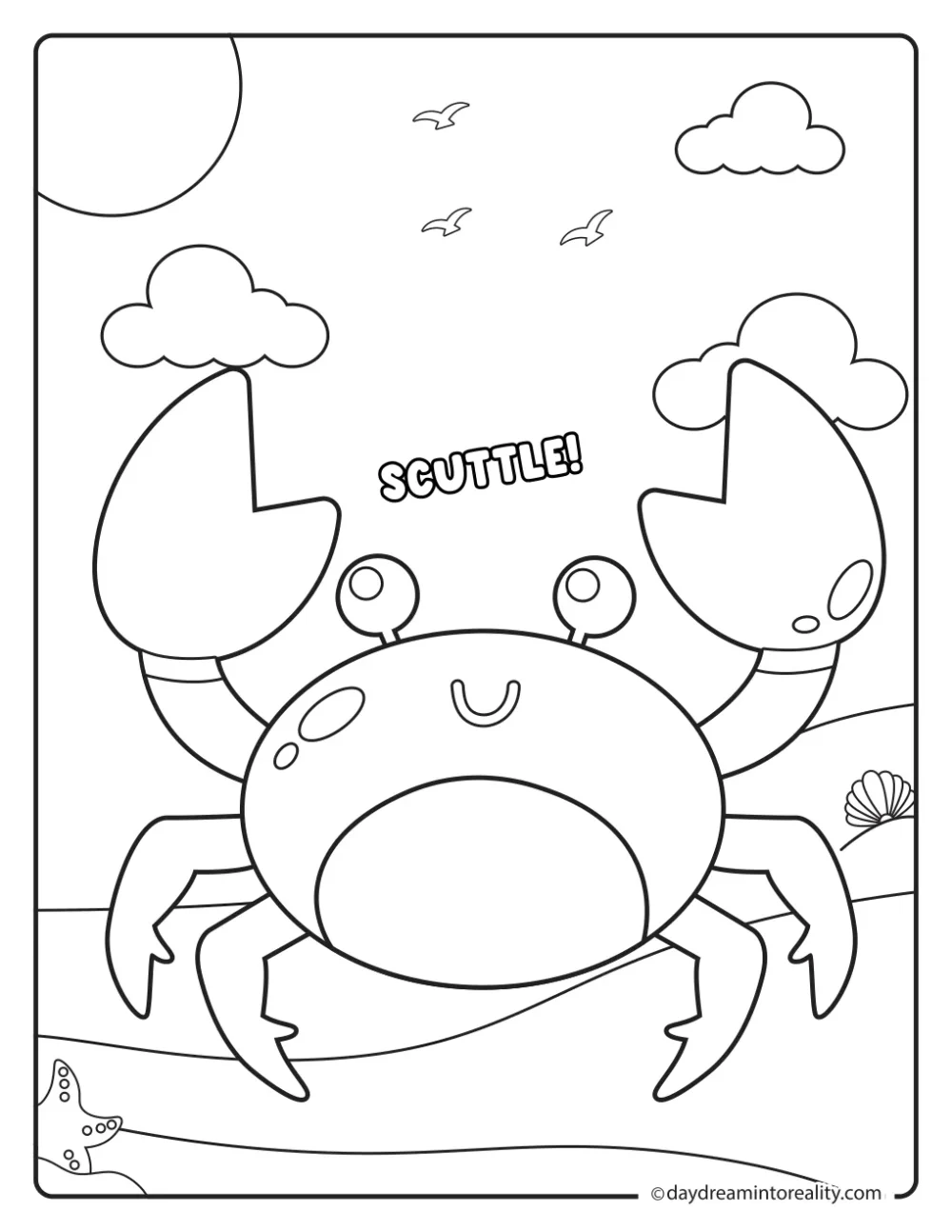 Happy crab with raised claws on a beach beneath clouds, birds, and playful Scuttle text.