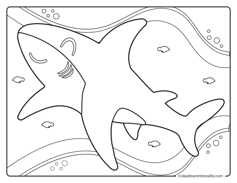Happy shark swimming through flowing underwater currents and small fish.