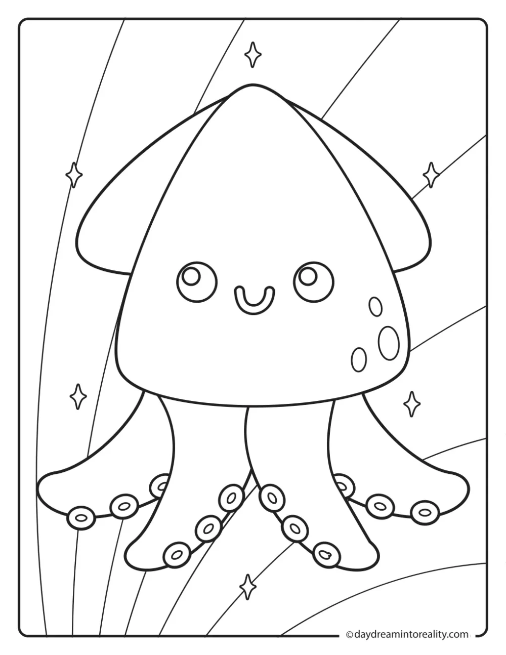 Happy squid with curling arms and suction cups surrounded by sparkles and flowing underwater lines.
