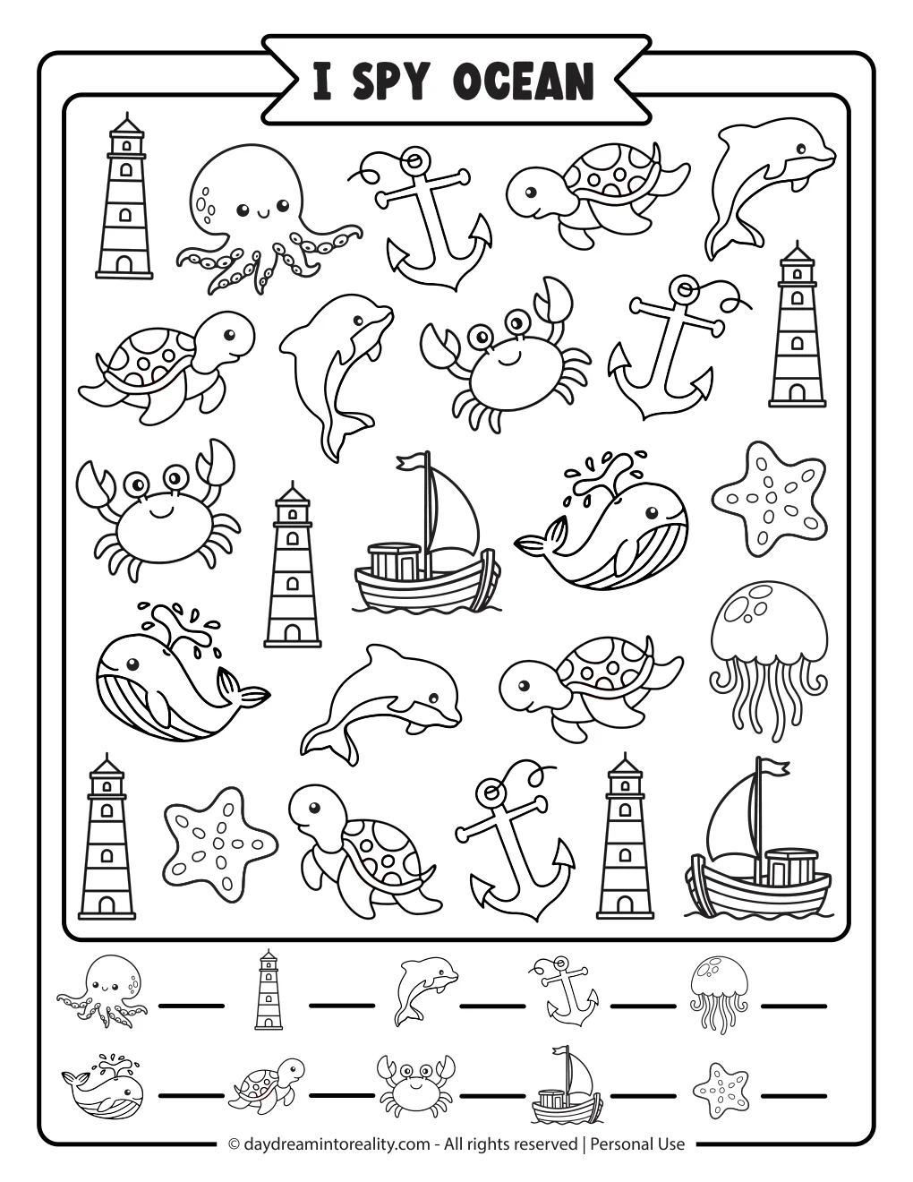 Easy black and white ocean I Spy printable for ages 3–5 featuring sea animals and ocean objects to color and count.