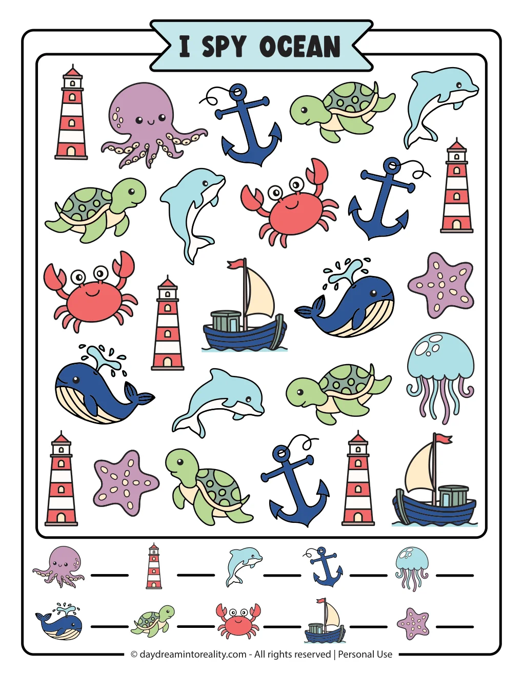 Easy ocean I Spy printable with colorful sea animals and ocean objects for preschool and kindergarten kids.