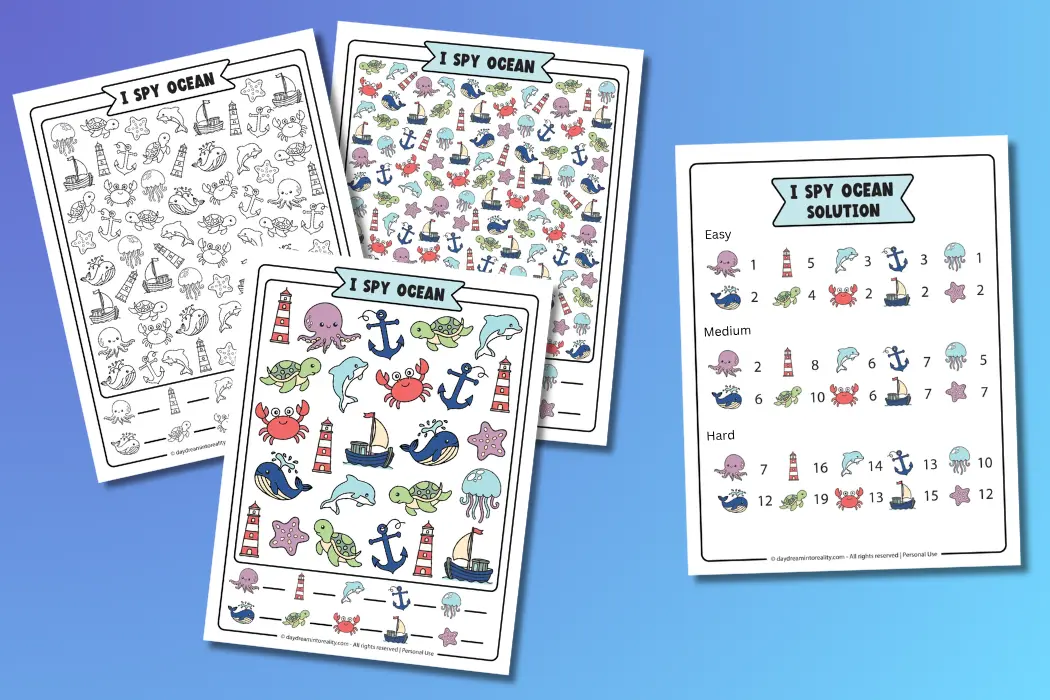 Free printable Ocean I Spy worksheets with easy, medium, and hard difficulty levels in color and black and white for kids.