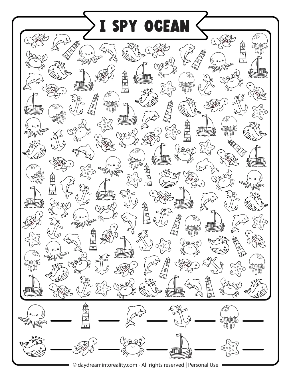 Hard black and white ocean I Spy printable for ages 8+ featuring ocean animals and objects to color, search, and count.