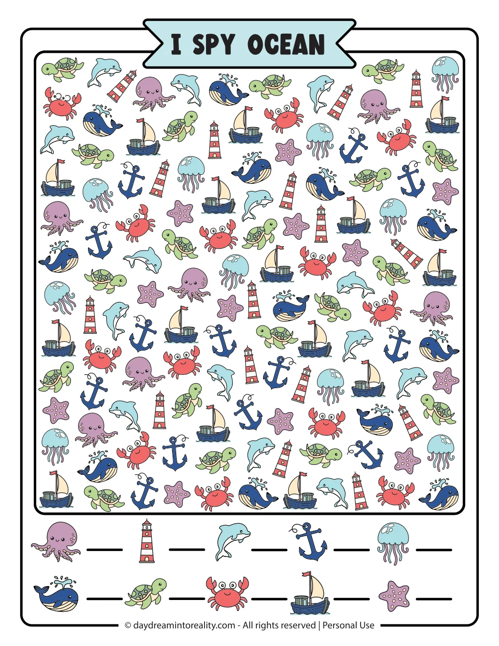 Hard ocean I Spy printable with colorful ocean animals and objects for older kids, teens, and adults.