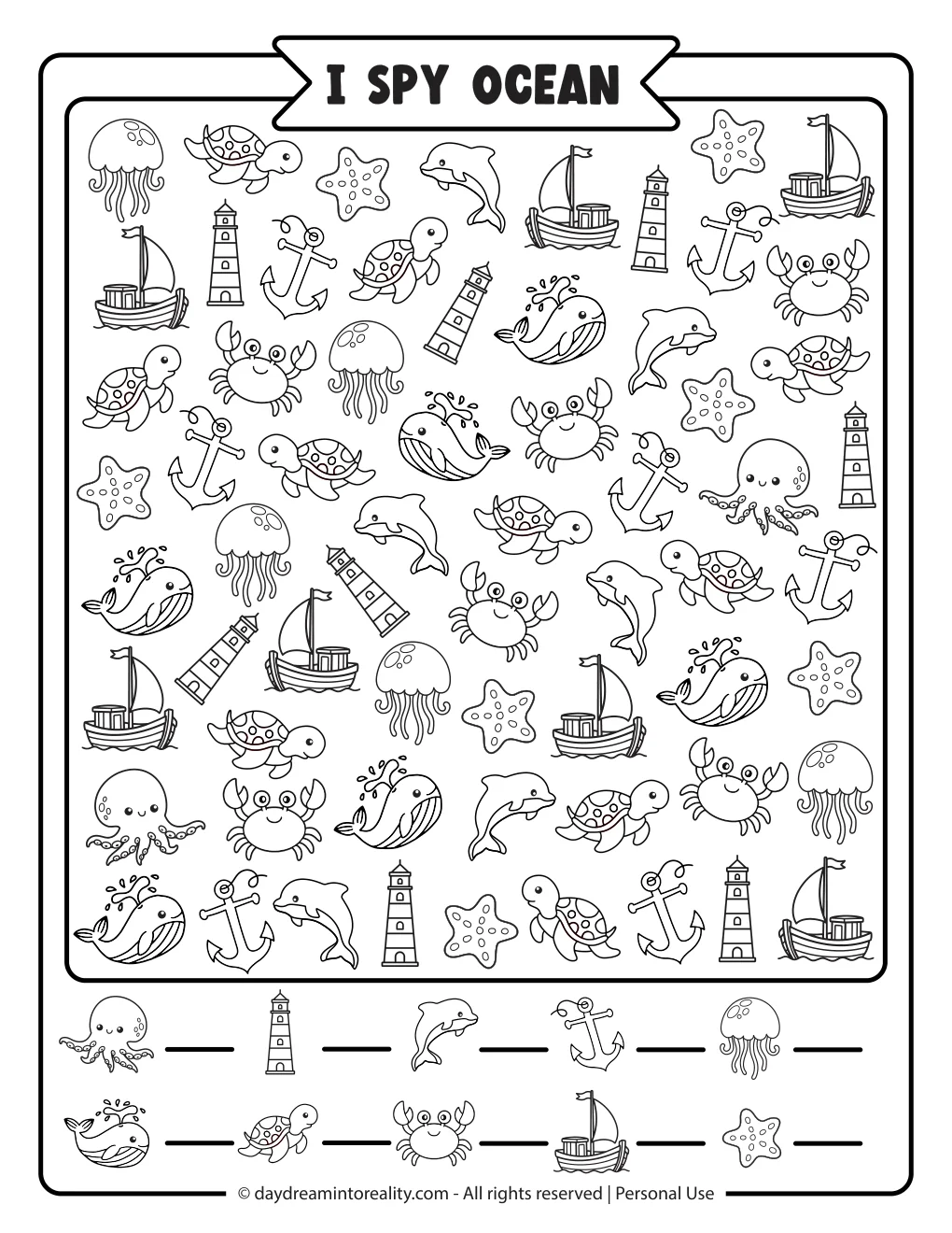 Medium black and white ocean I Spy printable for ages 6–8 with sea creatures and ocean objects to color and count.
