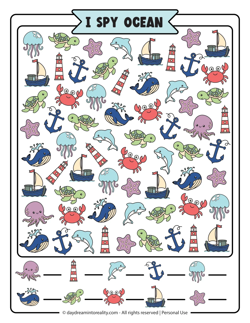 Medium ocean I Spy printable featuring colorful sea creatures and ocean-themed objects for early elementary kids.