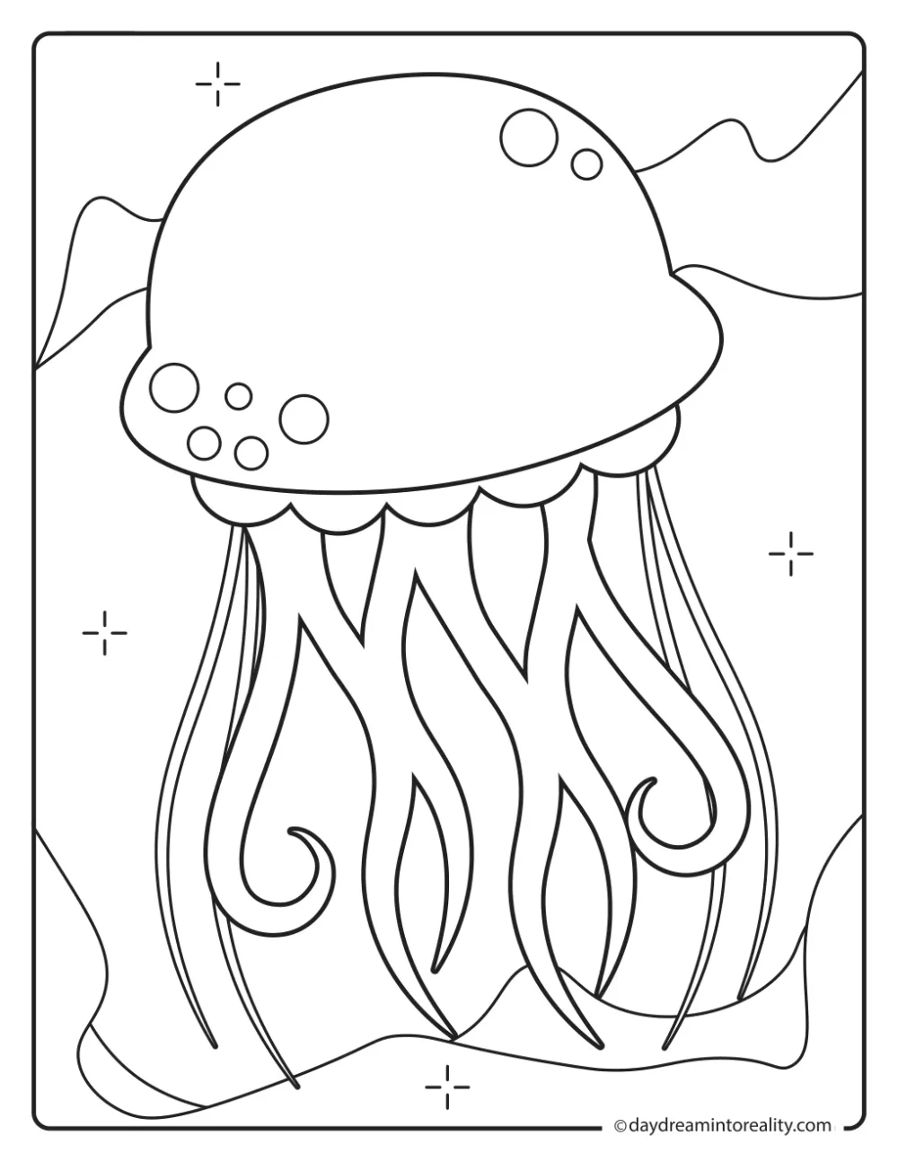 Large jellyfish with long flowing tentacles, underwater curves, bubbles, and sparkles.