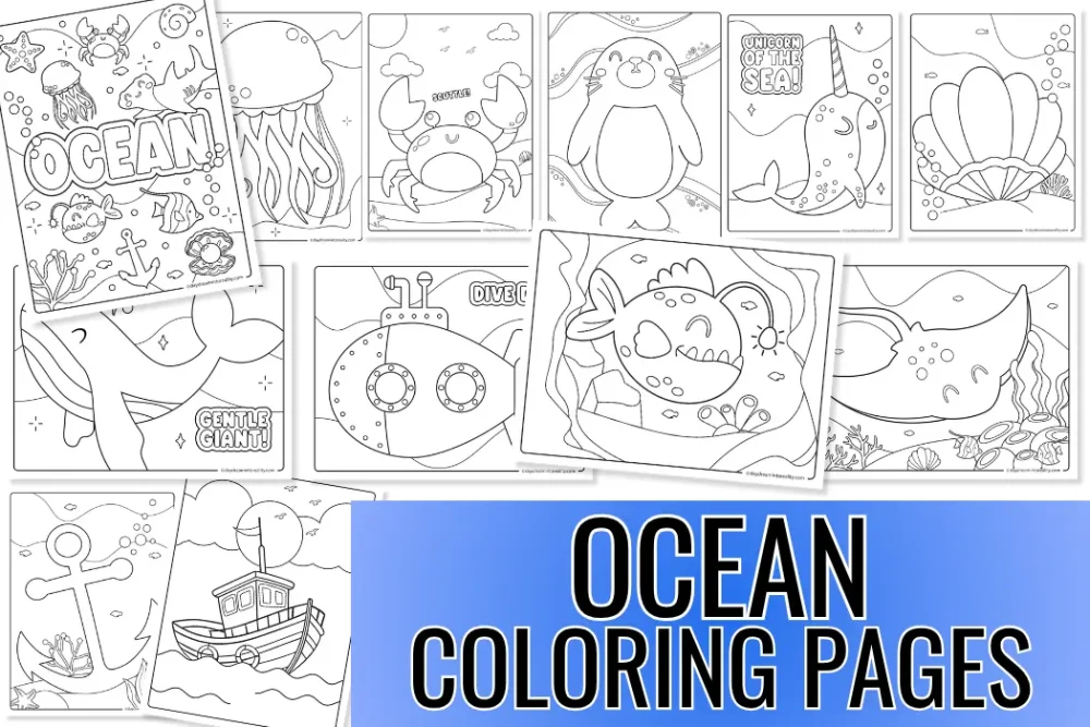 Collage of free printable ocean coloring pages featuring sharks, sea turtles, octopuses, jellyfish, whales, and other sea animals.