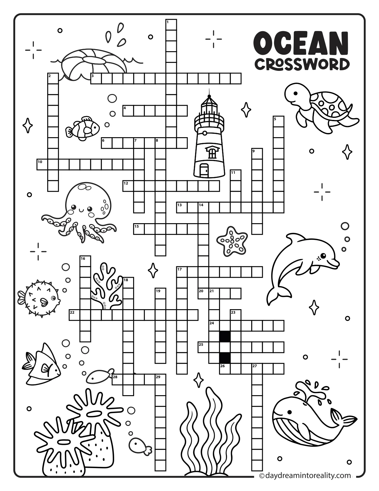 Printable advanced ocean crossword puzzle featuring marine science, ocean ecosystems, and challenging ocean vocabulary.