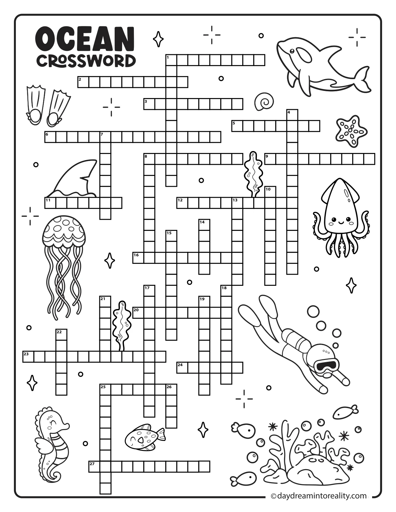 Printable advanced ocean crossword featuring marine animals, ocean geography, and underwater habitats.