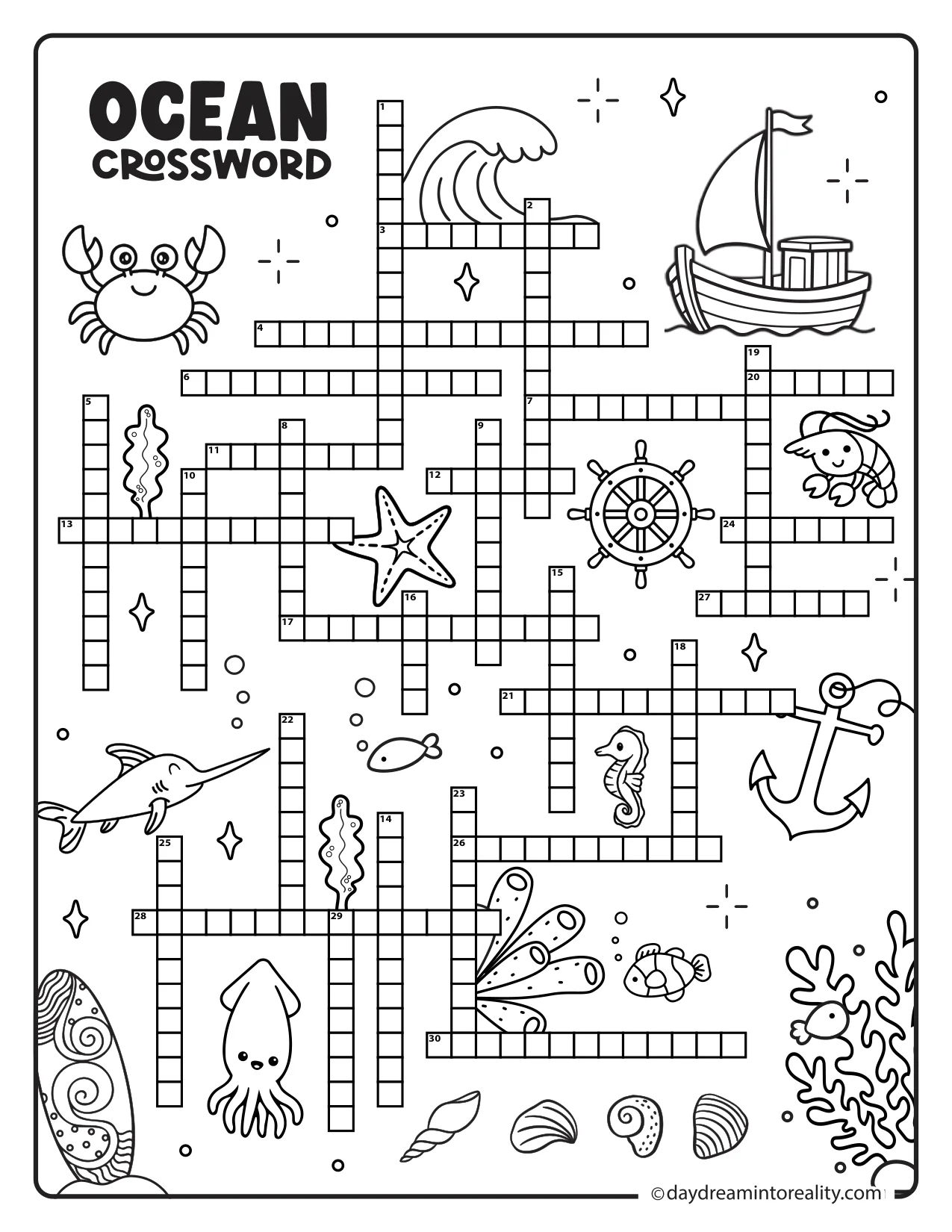 Printable advanced ocean crossword puzzle with challenging clues about marine biology, sea life, and ocean environments.