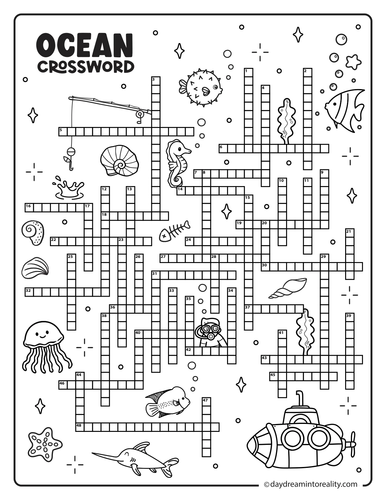 Printable expert ocean crossword puzzle featuring advanced marine science, deep sea discoveries, and oceanography vocabulary.